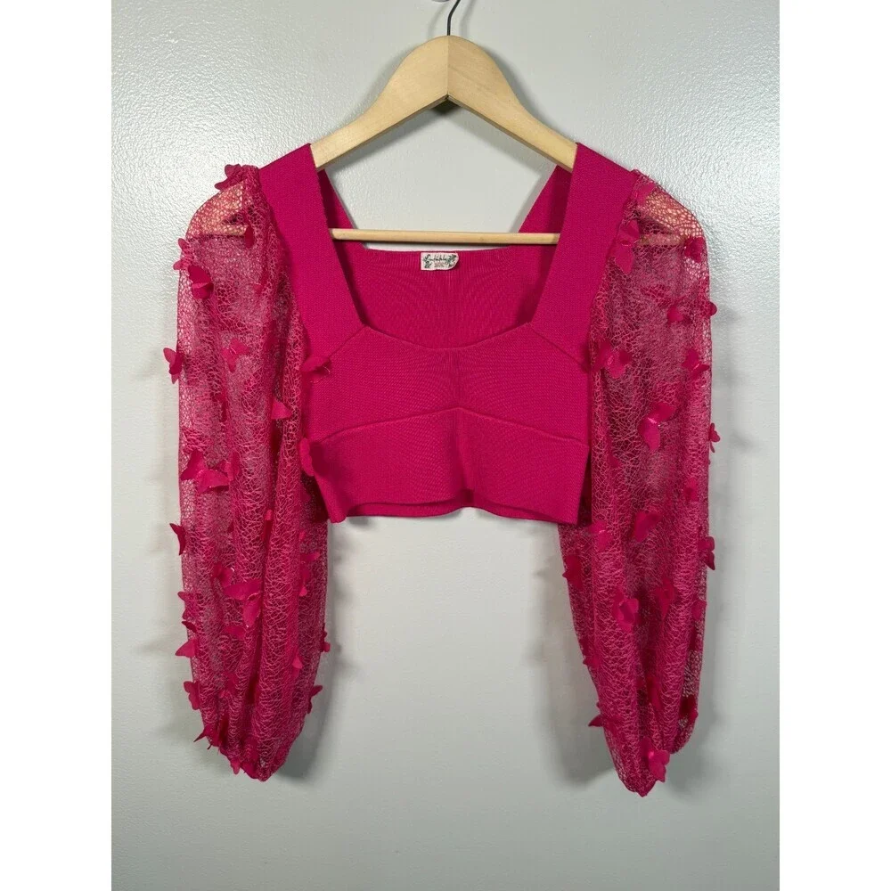 Free People Flutter By Crop Top Size XS Pink Butterfly Whimsical Ethereal